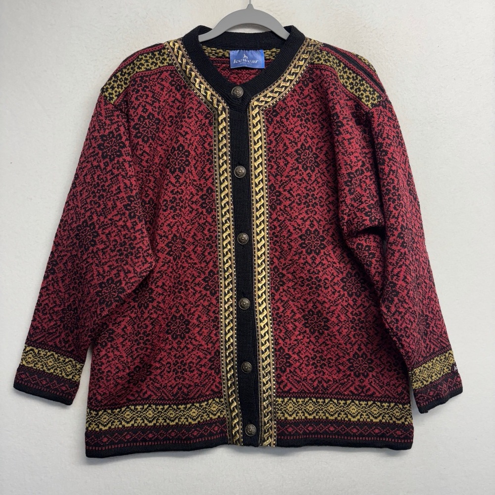 Icewear 100% Wool Knit Nordic Fair Isle‎ Cardigan Sweater Red Black L Snowflake